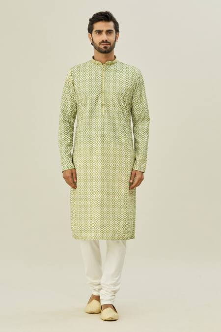 Arihant Rai Sinha_Green Cotton, , Chanderi Geometric Pattern Kurta And Churidar Set _Online_at_Aza_Fashions