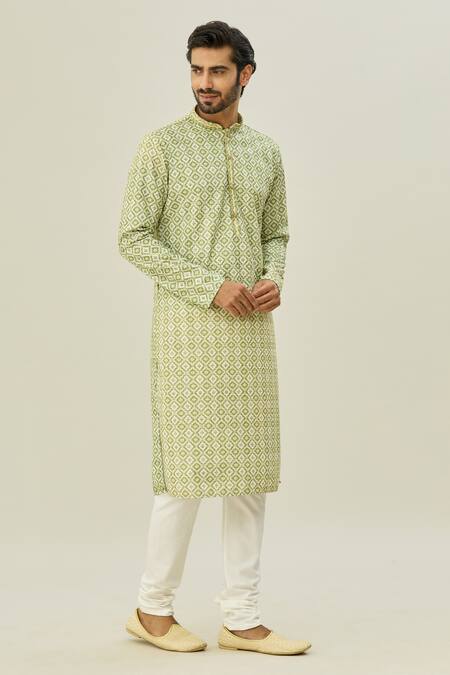 Buy_Arihant Rai Sinha_Green Cotton, , Chanderi Geometric Pattern Kurta And Churidar Set _Online_at_Aza_Fashions