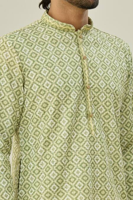 Shop_Arihant Rai Sinha_Green Cotton, , Chanderi Geometric Pattern Kurta And Churidar Set _Online_at_Aza_Fashions