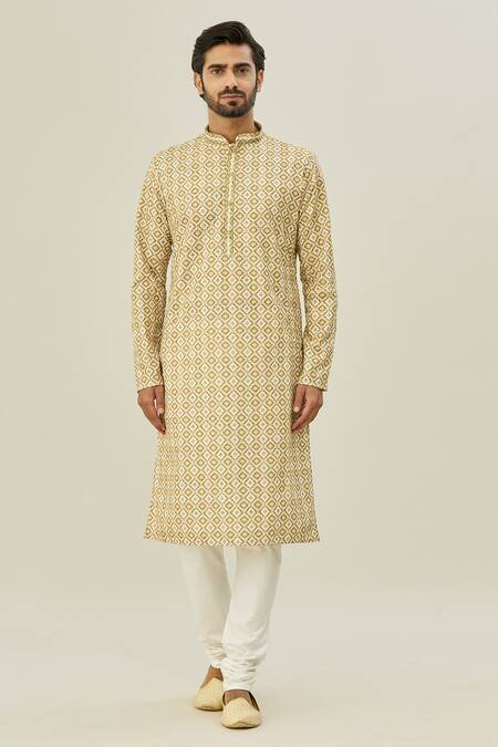 Arihant Rai Sinha_Brown Cotton, Silk, Chiffon Geometric Print Full Sleeve Kurta And Churidar Set _Online_at_Aza_Fashions