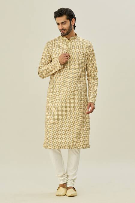 Buy_Arihant Rai Sinha_Brown Cotton, Silk, Chiffon Geometric Print Full Sleeve Kurta And Churidar Set _Online_at_Aza_Fashions