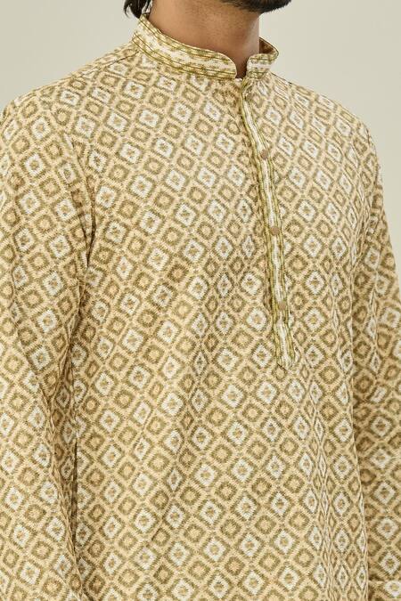 Shop_Arihant Rai Sinha_Brown Cotton, Silk, Chiffon Geometric Print Full Sleeve Kurta And Churidar Set _Online_at_Aza_Fashions