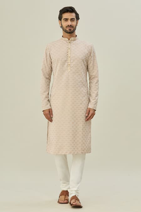 Arihant Rai Sinha_Beige Jacquard, Chanderi Embroidery Geometric Woven Kurta Set _Online_at_Aza_Fashions