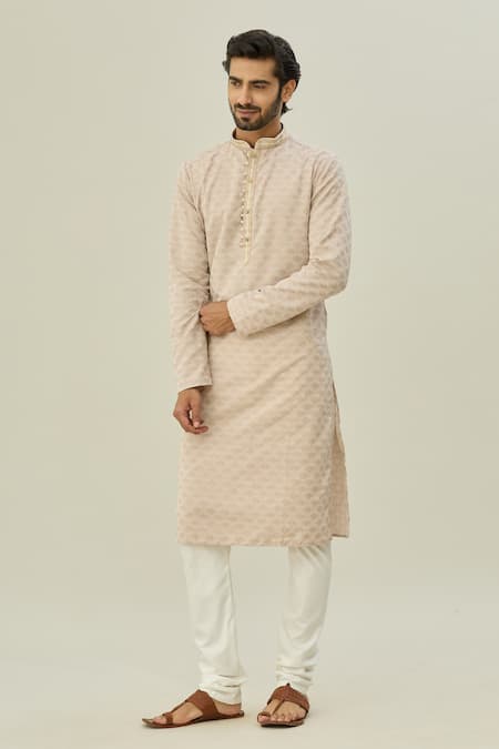 Buy_Arihant Rai Sinha_Beige Jacquard, Chanderi Embroidery Geometric Woven Kurta Set _Online_at_Aza_Fashions