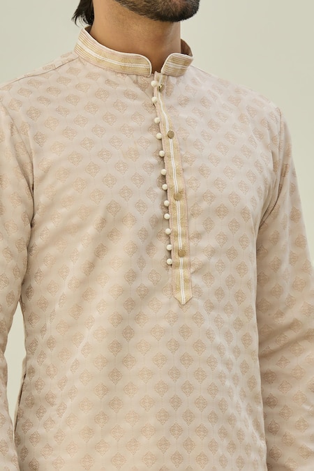 Shop_Arihant Rai Sinha_Beige Jacquard, Chanderi Embroidery Geometric Woven Kurta Set _Online_at_Aza_Fashions