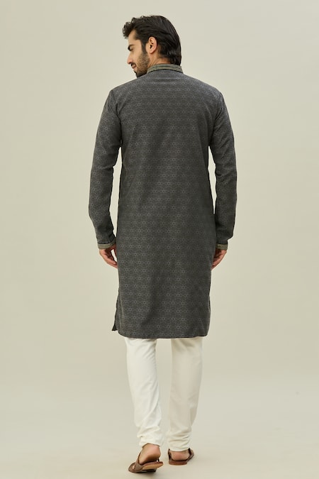 Shop Arihant Rai Sinha Black Jacquard, Silk Embroidery Geometric Pattern Kurta at Aza Fashions Shop_Arihant Rai Sinha_Black Jacquard, Silk Embroidery Geometric Pattern Kurta _at_Aza_Fashions