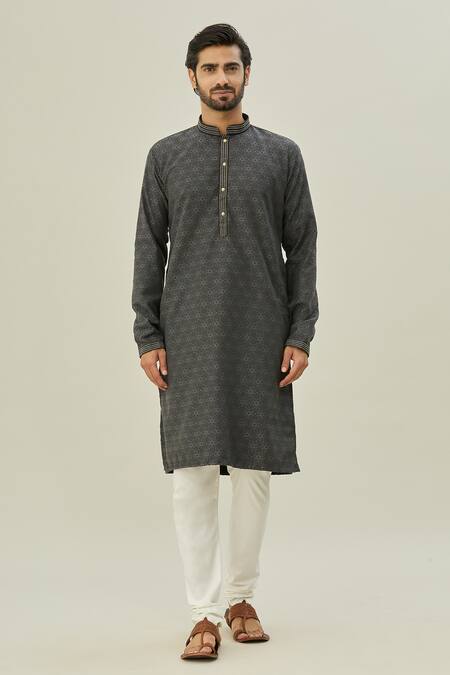 Arihant Rai Sinha Black Jacquard, Silk Embroidery Geometric Pattern Kurta Online at Aza Fashions Arihant Rai Sinha_Black Jacquard, Silk Embroidery Geometric Pattern Kurta _Online_at_Aza_Fashions