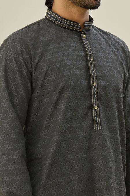 Shop Arihant Rai Sinha Black Jacquard, Silk Embroidery Geometric Pattern Kurta Online at Aza Fashions Shop_Arihant Rai Sinha_Black Jacquard, Silk Embroidery Geometric Pattern Kurta _Online_at_Aza_Fashions
