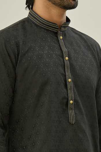Shop_Arihant Rai Sinha_Black Jacquard, Chanderi Embroidery Triangle Woven Kurta Set _Online_at_Aza_Fashions