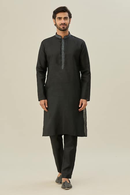 Arihant Rai Sinha_Black Linen, Cotton Embroidery Thread Placket Kurta Set _Online_at_Aza_Fashions