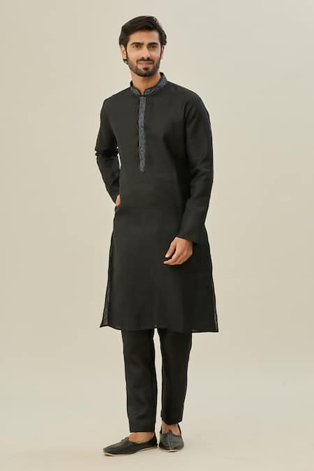 Buy_Arihant Rai Sinha_Black Linen, Cotton Embroidery Thread Placket Kurta Set _Online_at_Aza_Fashions
