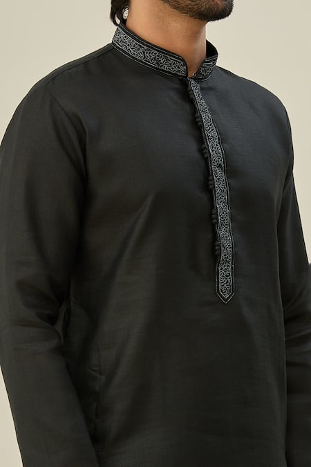 Shop_Arihant Rai Sinha_Black Linen, Cotton Embroidery Thread Placket Kurta Set _Online_at_Aza_Fashions