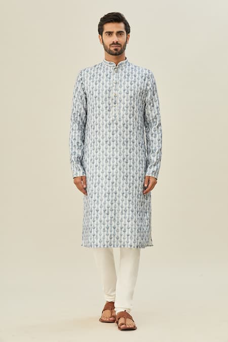 Arihant Rai Sinha_Blue Cotton Embroidery Mandala Butti Print Kurta _Online_at_Aza_Fashions