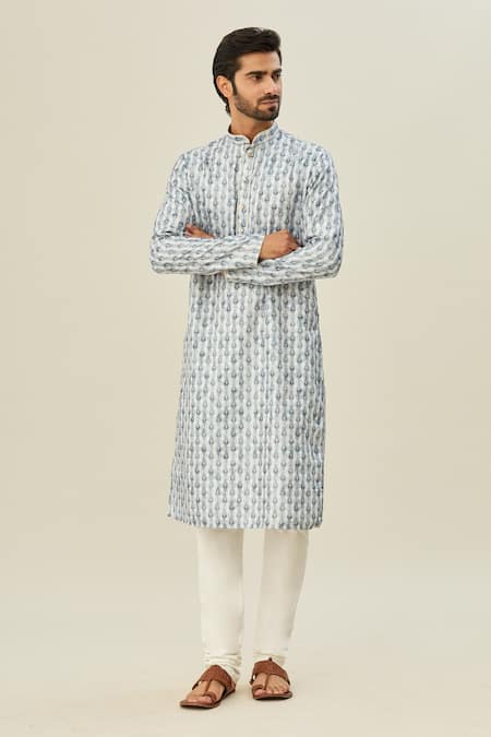 Buy_Arihant Rai Sinha_Blue Cotton Embroidery Mandala Butti Print Kurta _Online_at_Aza_Fashions