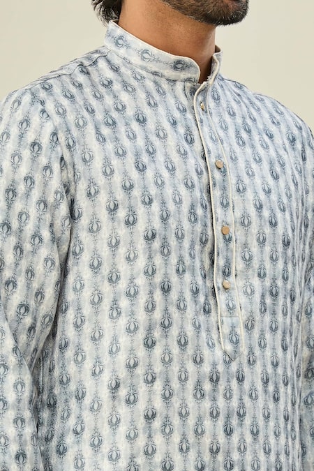 Shop_Arihant Rai Sinha_Blue Cotton Embroidery Mandala Butti Print Kurta _Online_at_Aza_Fashions