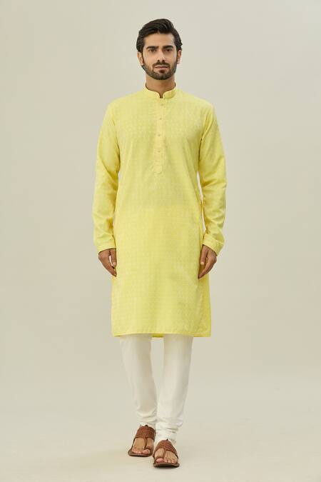 Arihant Rai Sinha_Yellow Jacquard, Silk Embroidery Flower Bloom Self Design Kurta _Online_at_Aza_Fashions