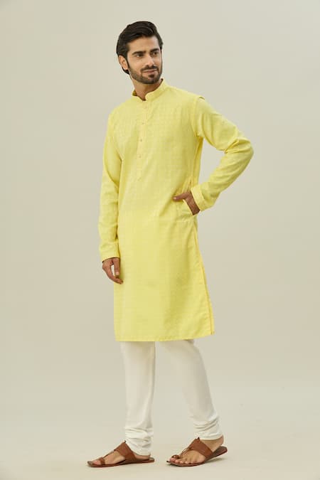 Buy_Arihant Rai Sinha_Yellow Jacquard, Silk Embroidery Flower Bloom Self Design Kurta _Online_at_Aza_Fashions