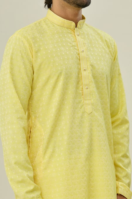 Shop_Arihant Rai Sinha_Yellow Jacquard, Silk Embroidery Flower Bloom Self Design Kurta _Online_at_Aza_Fashions