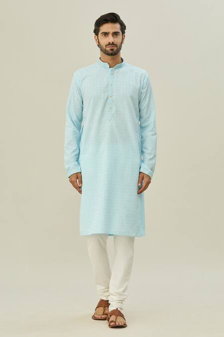 Arihant Rai Sinha Blue Jacquard, Silk Embroidery Floret Self Design Kurta With Churidar Online at Aza Fashions Arihant Rai Sinha_Blue Jacquard, Silk Embroidery Floret Self Design Kurta With Churidar _Online_at_Aza_Fashions