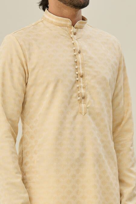 Shop_Arihant Rai Sinha_Beige Jacquard, Silk Embroidery Mandala Butti Pattern Kurta With Churidar _Online_at_Aza_Fashions