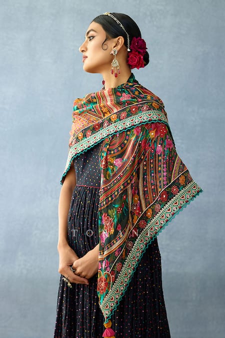 Shop Torani Blue Tassels Dil Shaad Zumena Scarf at Aza Fashions Shop_Torani_Blue Tassels Dil Shaad Zumena Scarf _at_Aza_Fashions