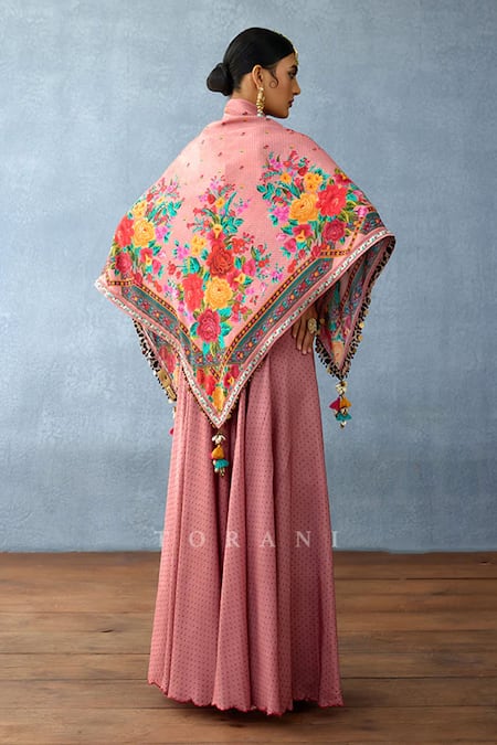 Shop Torani Pink Tassels, Embroidery Dil Ruba Dina Scarf at Aza Fashions Shop_Torani_Pink Tassels, Embroidery Dil Ruba Dina Scarf _at_Aza_Fashions