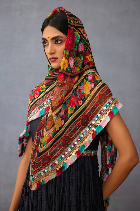 Torani_Black Embroidery, Tassels Dil Shaad Emad Scarf _Online_at_Aza_Fashions