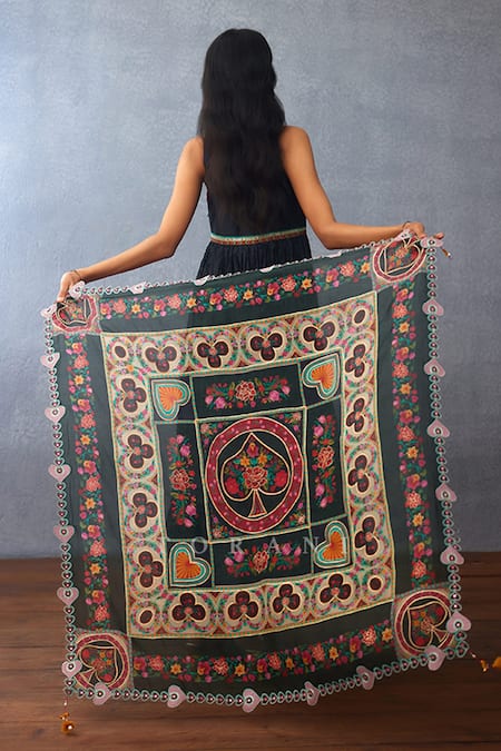 Shop Torani Black Embroidery, Tassels Dil Shaad Kinan Scarf at Aza Fashions Shop_Torani_Black Embroidery, Tassels Dil Shaad Kinan Scarf _at_Aza_Fashions