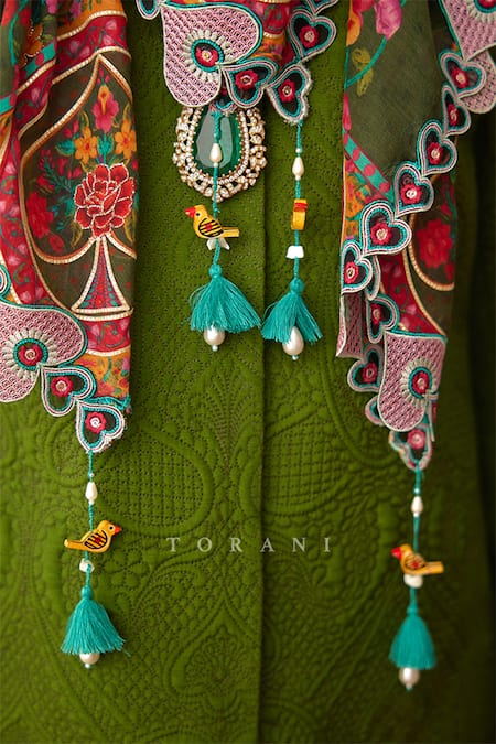 Shop Torani Green Tassels Dil Saaz Firas Scarf at Aza Fashions Shop_Torani_Green Tassels Dil Saaz Firas Scarf _at_Aza_Fashions
