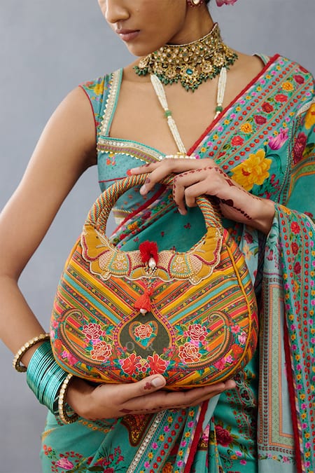 Shop Torani Yellow Embroidery Dil Seher Tia Handbag at Aza Fashions Shop_Torani_Yellow Embroidery Dil Seher Tia Handbag _at_Aza_Fashions