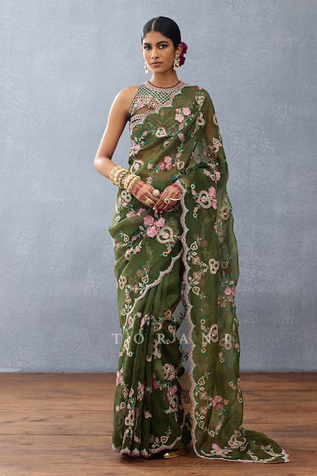 Torani Green Organza Embroidered Floral Dil Raaz Raha Printed Saree  