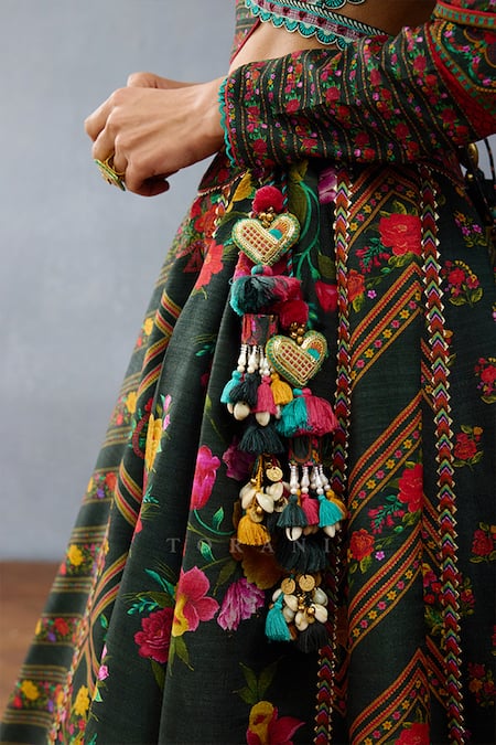 Torani Green Jersey Tassels, Embroidery Dil Shaad Rukmani Printed Lehenga Set at Aza Fashions Torani_Green Jersey Tassels, Embroidery Dil Shaad Rukmani Printed Lehenga Set _at_Aza_Fashions