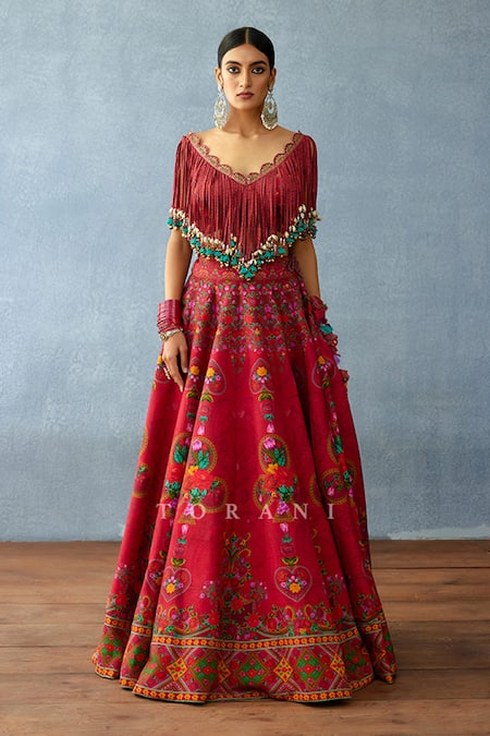 Torani_Red Jersey, Silk Fringe, Tassels, Pom-poms Blouse And Floral Print Lehenga Set _Online_at_Aza_Fashions