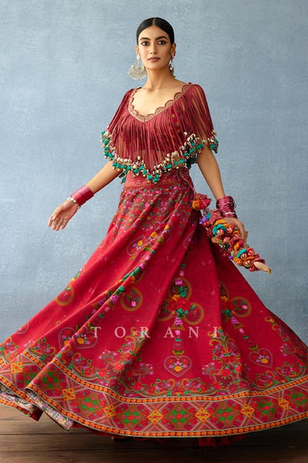 Buy_Torani_Red Jersey, Silk Fringe, Tassels, Pom-poms Blouse And Floral Print Lehenga Set _Online_at_Aza_Fashions