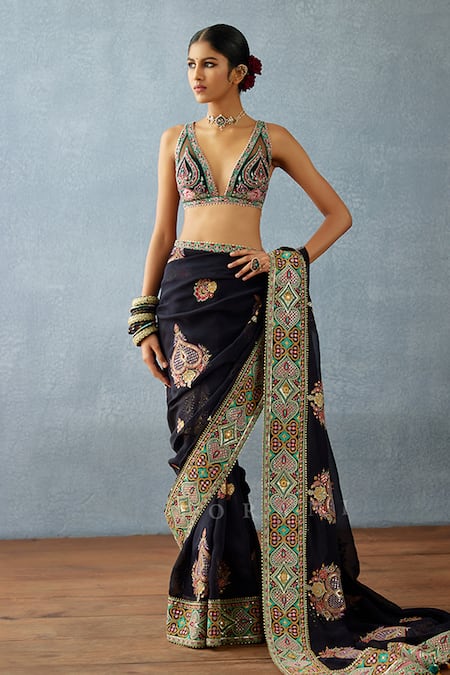 Torani_Black Cotton, Silk, Net Embroidery Plunge Neck Dil Shaad Farehat Blouse _Online_at_Aza_Fashions