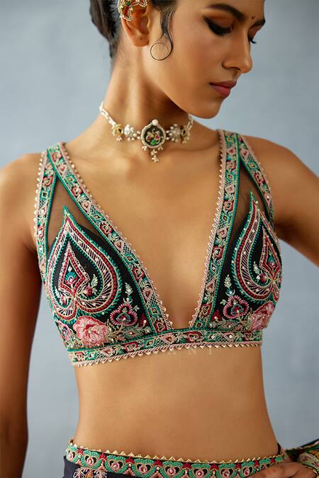 Buy_Torani_Black Cotton, Silk, Net Embroidery Plunge Neck Dil Shaad Farehat Blouse _Online_at_Aza_Fashions