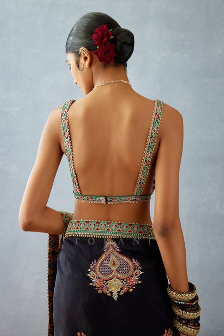 Shop_Torani_Black Cotton, Silk, Net Embroidery Plunge Neck Dil Shaad Farehat Blouse _Online_at_Aza_Fashions