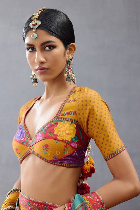 Buy_Torani_Multi Color Jersey Tassels Sweetheart Neck Dil Rang Azaliya Printed Blouse _Online_at_Aza_Fashions