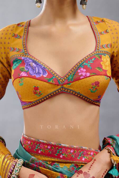 Shop_Torani_Multi Color Jersey Tassels Sweetheart Neck Dil Rang Azaliya Printed Blouse _Online_at_Aza_Fashions