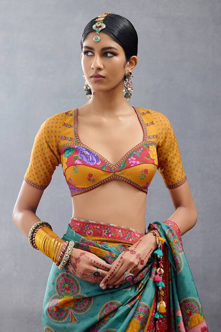 Torani_Multi Color Jersey Tassels Sweetheart Neck Dil Rang Azaliya Printed Blouse _at_Aza_Fashions