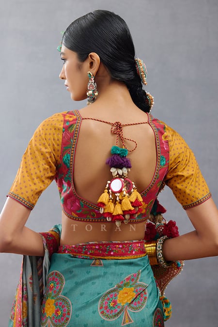Shop_Torani_Multi Color Jersey Tassels Sweetheart Neck Dil Rang Azaliya Printed Blouse _at_Aza_Fashions