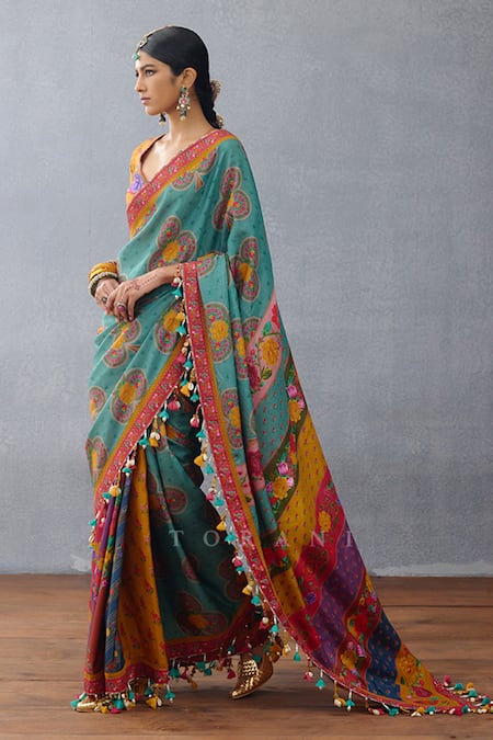 Torani Multi Color Silk Tassels Dil Rang Azaliya Floral Print And Pompom Saree Online at Aza Fashions Torani_Multi Color Silk Tassels Dil Rang Azaliya Floral Print And Pompom Saree _Online_at_Aza_Fashions