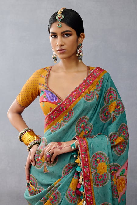 Buy Torani Multi Color Silk Tassels Dil Rang Azaliya Floral Print And Pompom Saree Online at Aza Fashions Buy_Torani_Multi Color Silk Tassels Dil Rang Azaliya Floral Print And Pompom Saree _Online_at_Aza_Fashions