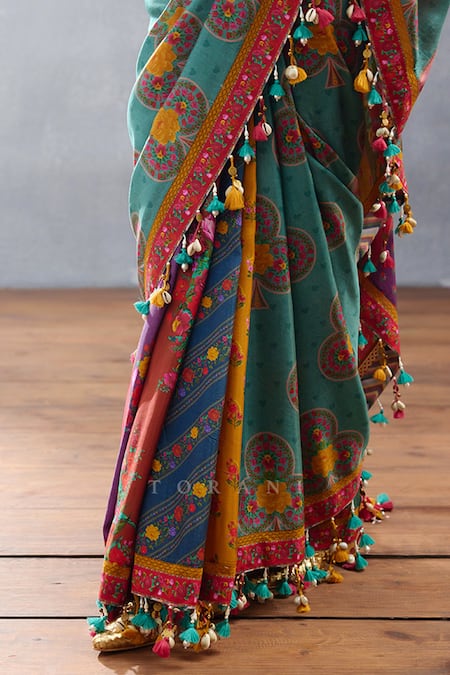 Torani Multi Color Silk Tassels Dil Rang Azaliya Floral Print And Pompom Saree at Aza Fashions Torani_Multi Color Silk Tassels Dil Rang Azaliya Floral Print And Pompom Saree _at_Aza_Fashions