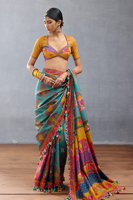 Buy Torani Multi Color Silk Tassels Dil Rang Azaliya Floral Print And Pompom Saree Buy_Torani_Multi Color Silk Tassels Dil Rang Azaliya Floral Print And Pompom Saree