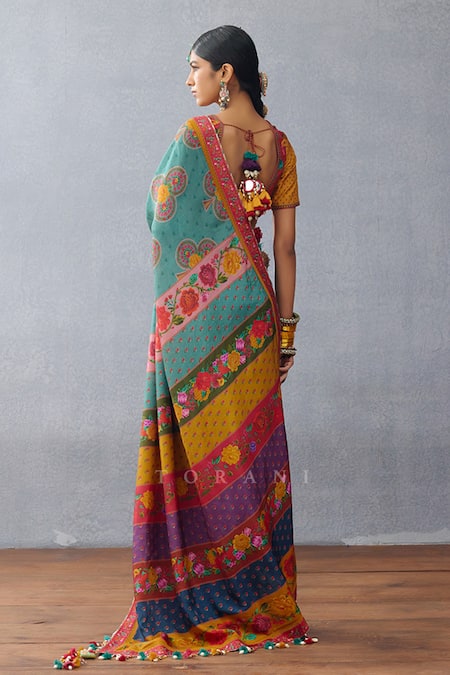 Shop Torani Multi Color Silk Tassels Dil Rang Azaliya Floral Print And Pompom Saree at Aza Fashions Shop_Torani_Multi Color Silk Tassels Dil Rang Azaliya Floral Print And Pompom Saree _at_Aza_Fashions