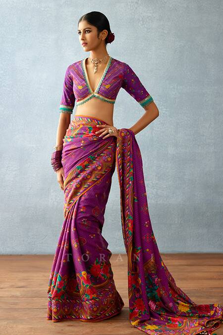 Torani Purple Jersey Lace V-neck Dil Kusha Anam Printed Blouse Online at Aza Fashions Torani_Purple Jersey Lace V-neck Dil Kusha Anam Printed Blouse _Online_at_Aza_Fashions