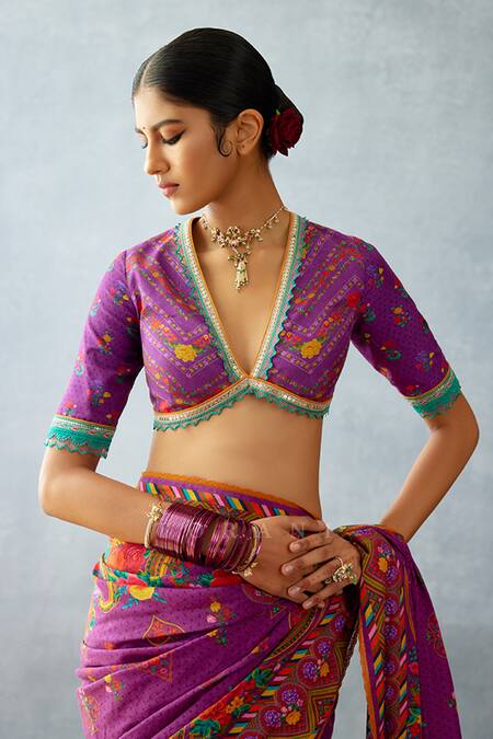 Shop Torani Purple Jersey Lace V-neck Dil Kusha Anam Printed Blouse Online at Aza Fashions Shop_Torani_Purple Jersey Lace V-neck Dil Kusha Anam Printed Blouse _Online_at_Aza_Fashions