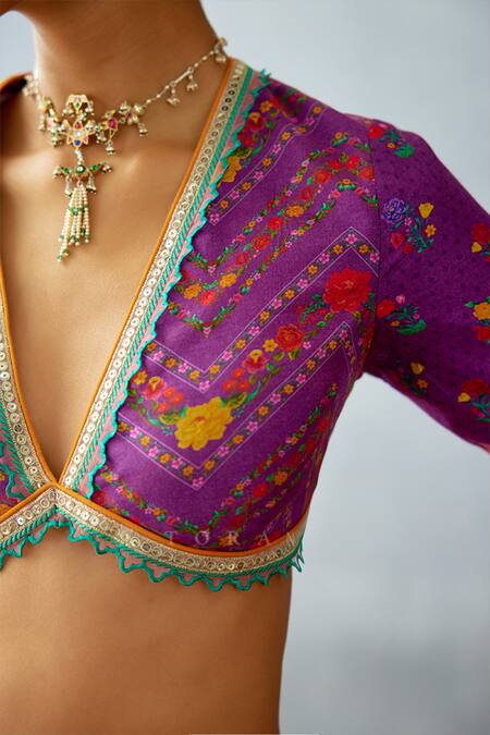 Torani Purple Jersey Lace V-neck Dil Kusha Anam Printed Blouse at Aza Fashions Torani_Purple Jersey Lace V-neck Dil Kusha Anam Printed Blouse _at_Aza_Fashions