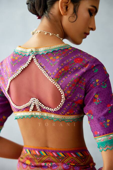 Buy Torani Purple Jersey Lace V-neck Dil Kusha Anam Printed Blouse Buy_Torani_Purple Jersey Lace V-neck Dil Kusha Anam Printed Blouse